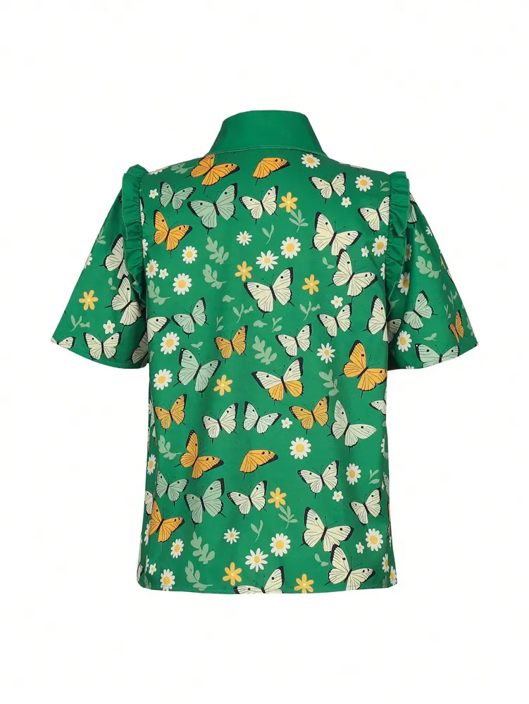 Dark Green Butterfly Print Casual Short Sleeve Shirt Blouse Top Casual Botanical Floral Polyester Ruffles