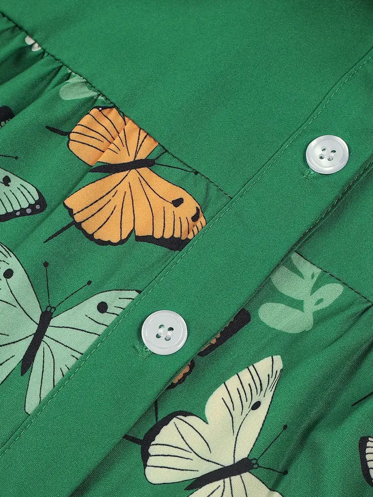 Dark Green Butterfly Print Casual Short Sleeve Shirt Blouse Top Casual Botanical Floral Polyester Ruffles