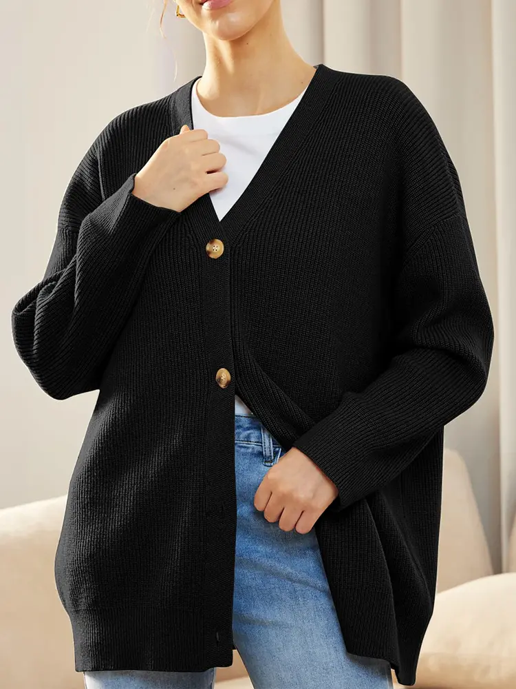 Women's V-Neck Knitwear Cardigan Jumper Solid Color Simple Versatile Autumn Winter New Style Button Detail Knitted Sweater