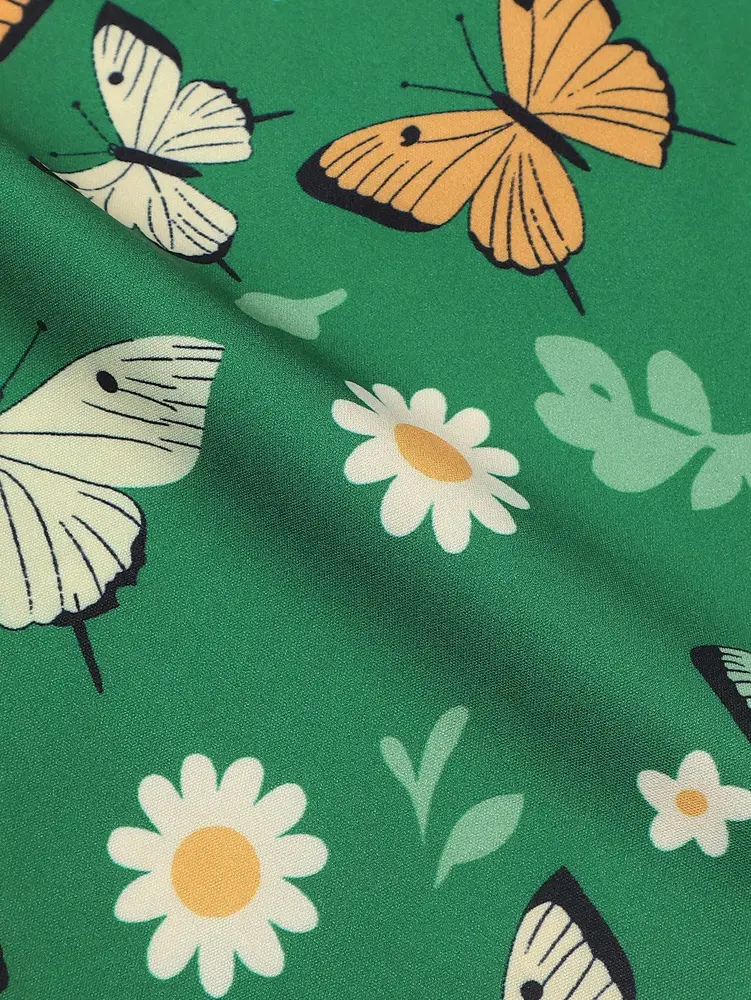 Dark Green Butterfly Print Casual Short Sleeve Shirt Blouse Top Casual Botanical Floral Polyester Ruffles