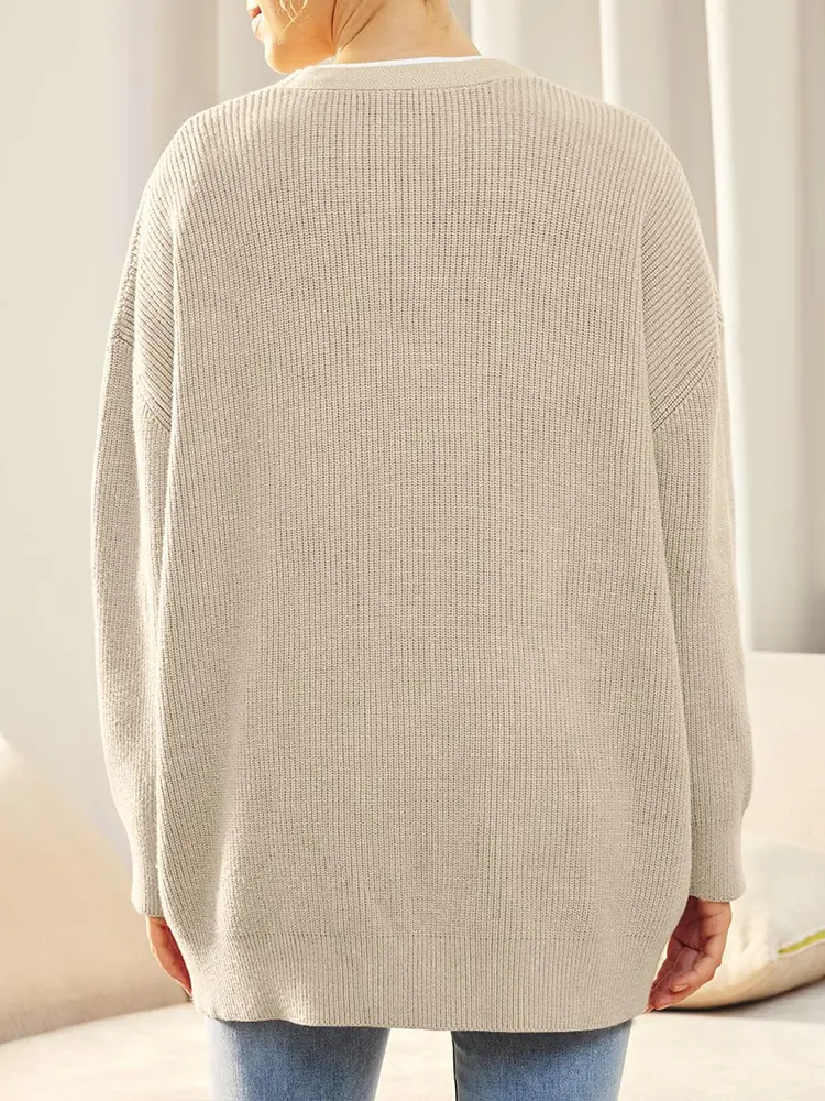 Women's V-Neck Knitwear Cardigan Jumper Solid Color Simple Versatile Autumn Winter New Style Button Detail Knitted Sweater