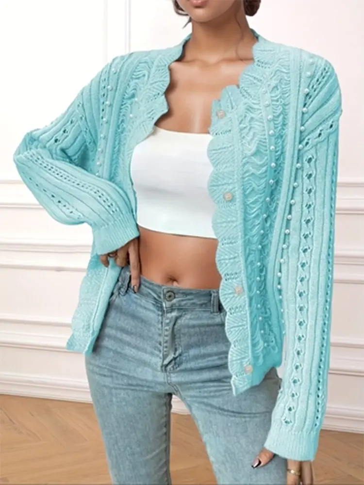 Women's Elegant Long-Sleeved Knitted Cardigan Button Front Solid Color 2024 Spring Autumn New Arrival Fashionable Outerwear