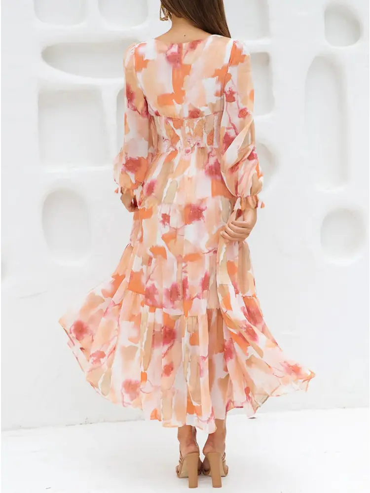 2025 New Women's Long Sleeve Bohemian Floral Maxi Dress Style Beach Tassel Dress V-Neck Elegant Dresses Mature Women