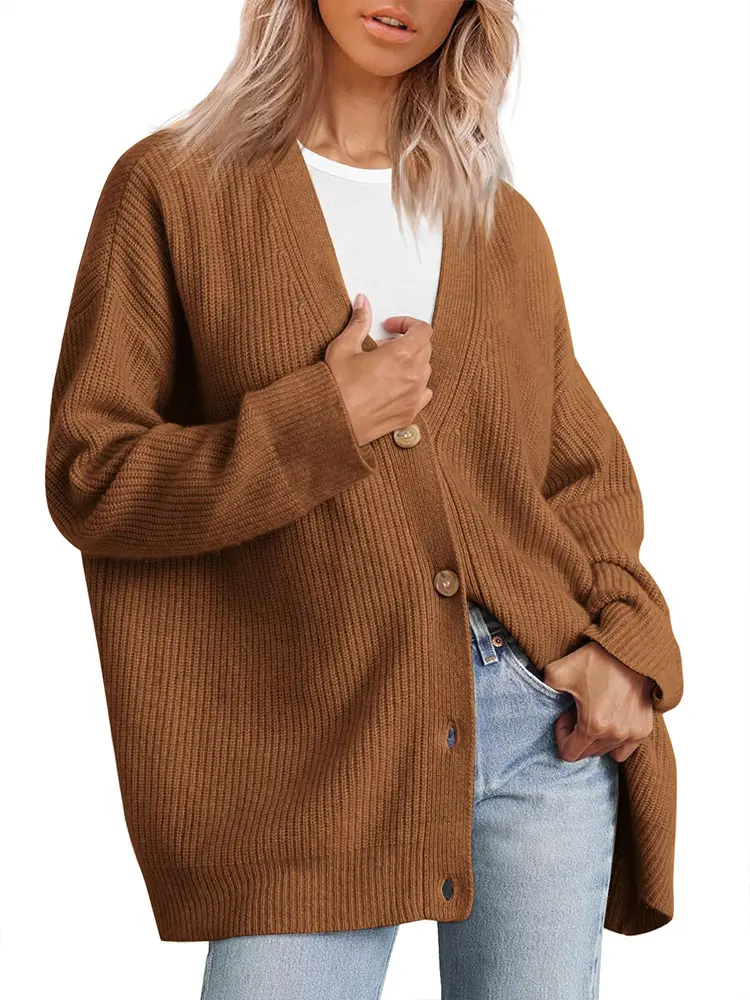 Women's V-Neck Knitwear Cardigan Jumper Solid Color Simple Versatile Autumn Winter New Style Button Detail Knitted Sweater