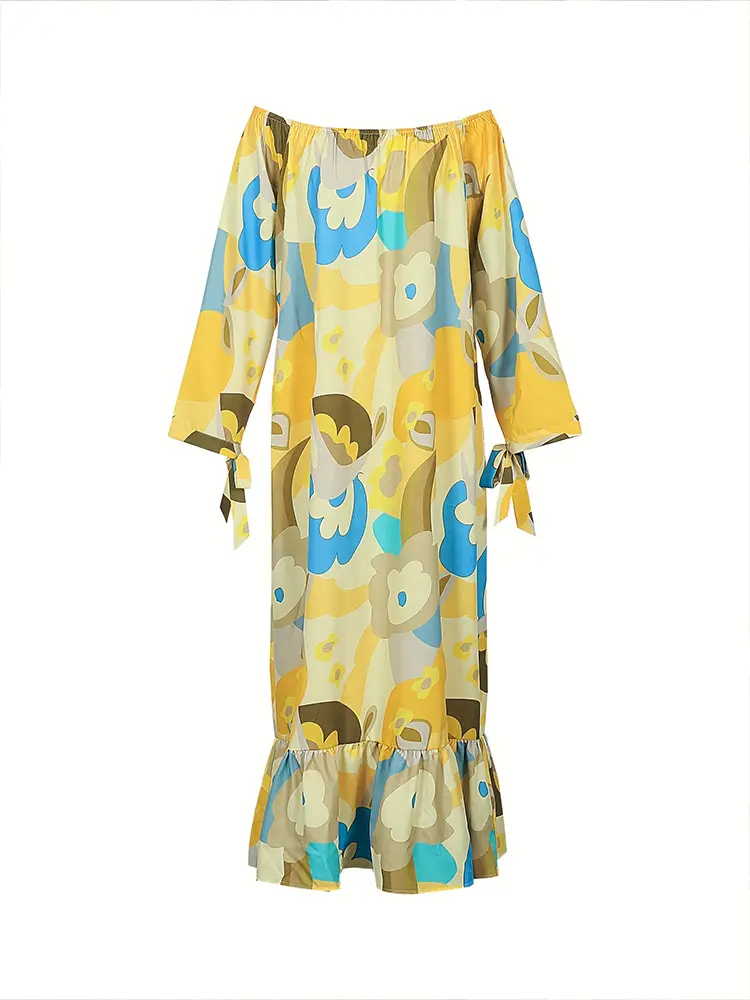 plus Size Autumn Pullover Long Sleeve Dress for Women Printed Pattern One Neck Design Best Choice for 2025