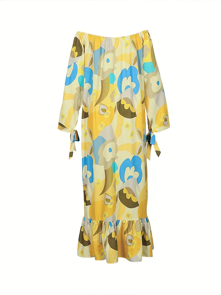 plus Size Autumn Pullover Long Sleeve Dress for Women Printed Pattern One Neck Design Best Choice for 2025