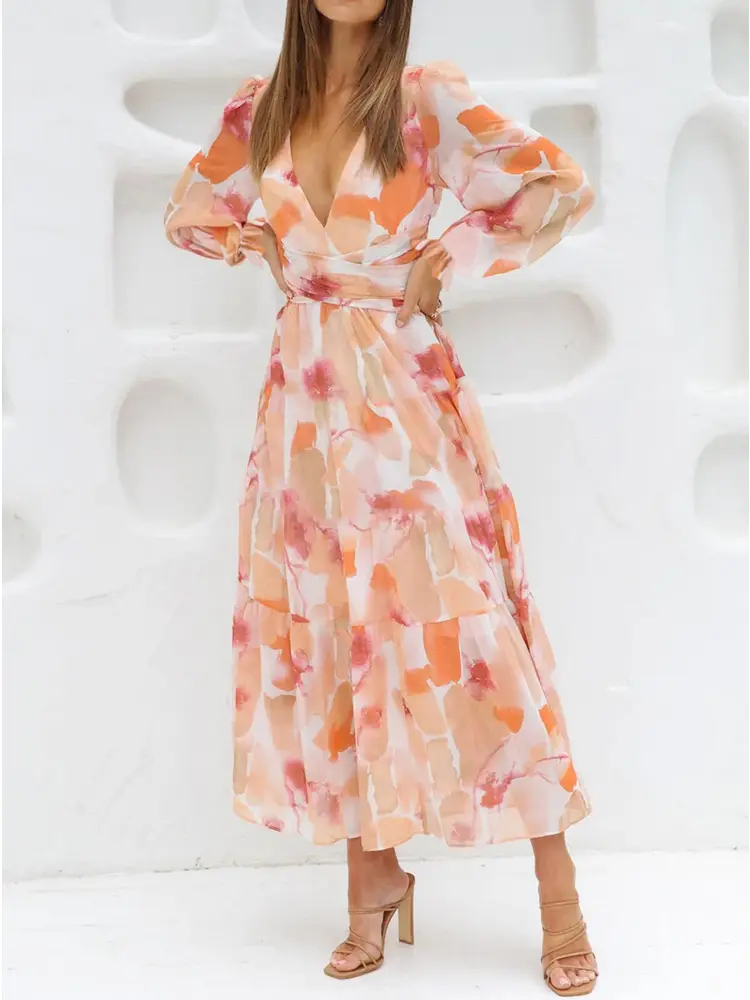 2025 New Women's Long Sleeve Bohemian Floral Maxi Dress Style Beach Tassel Dress V-Neck Elegant Dresses Mature Women