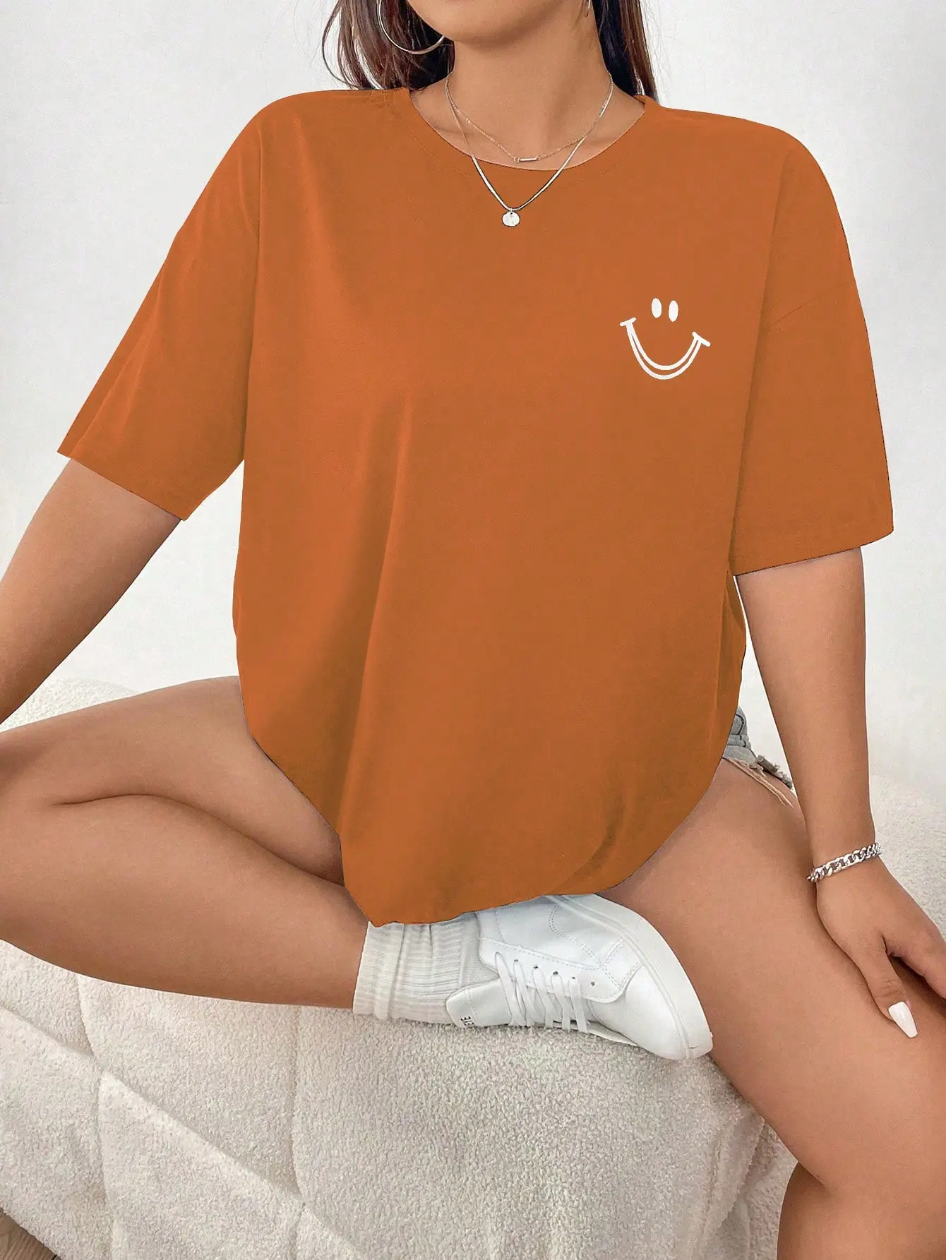 Plus Size Women's 2025 New Cartoon Pattern Drop Shoulder T-Shirt Pattern Women's Tops Polyester Outdoor Office