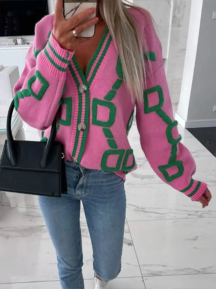plus Size Women's Casual V-Neck Cardigan Long Sleeve Letter Print Loose Sweater Jacket Buttoned for Spring And Autumn