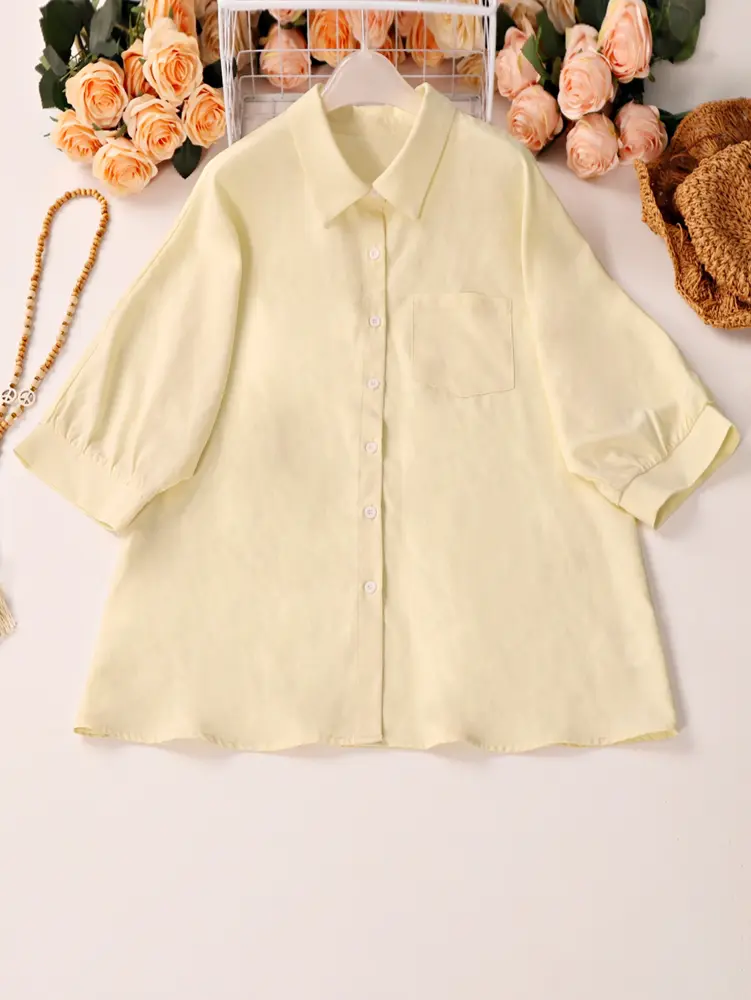 Plus Size Women's Summer Shirt Elegant Solid Colour Big Size Casual Shirt Pure Colour Single Row Button Short Sleeve
