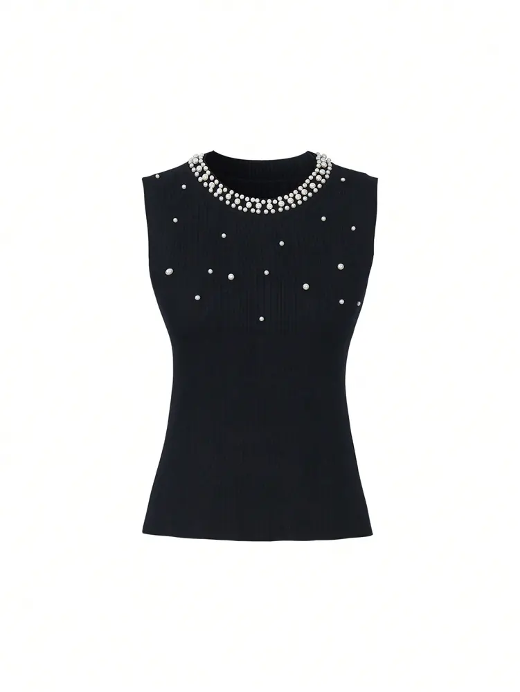 2025 Autumn New Temperament Elegant Waist Slim Pearl Decoration Sleeveless Versatile Knit Top Autumn Best Choice