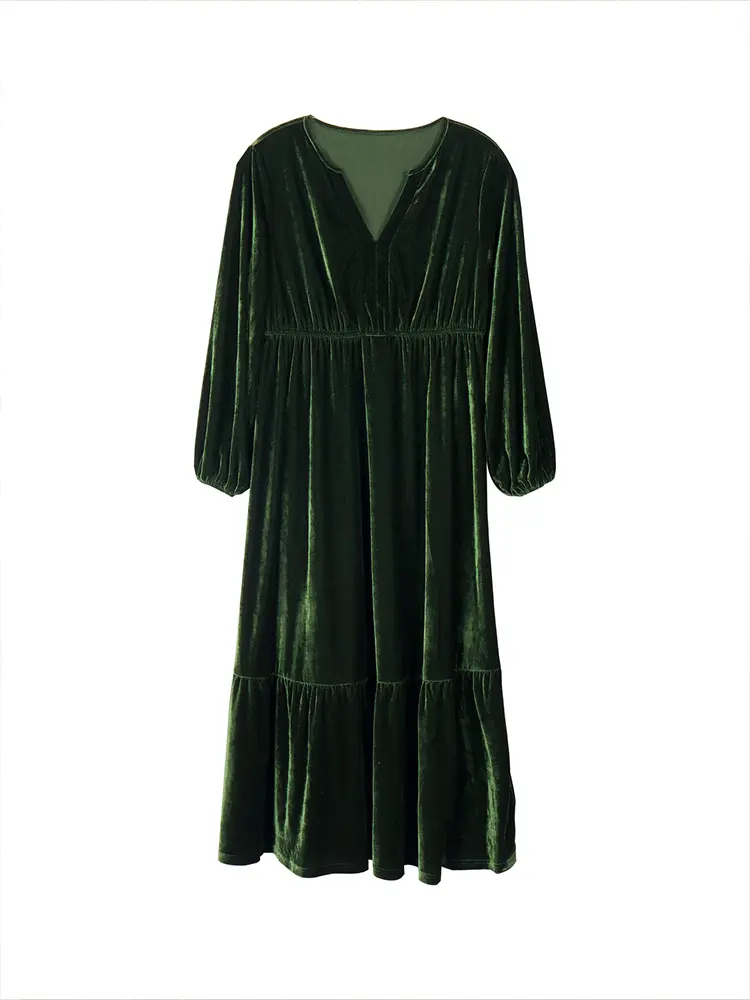 Plus Size Velvet V-Neck A-Line Dress Women's Waisted V-Neck Elegant Premium Dress Long Sleeve Solid Colour