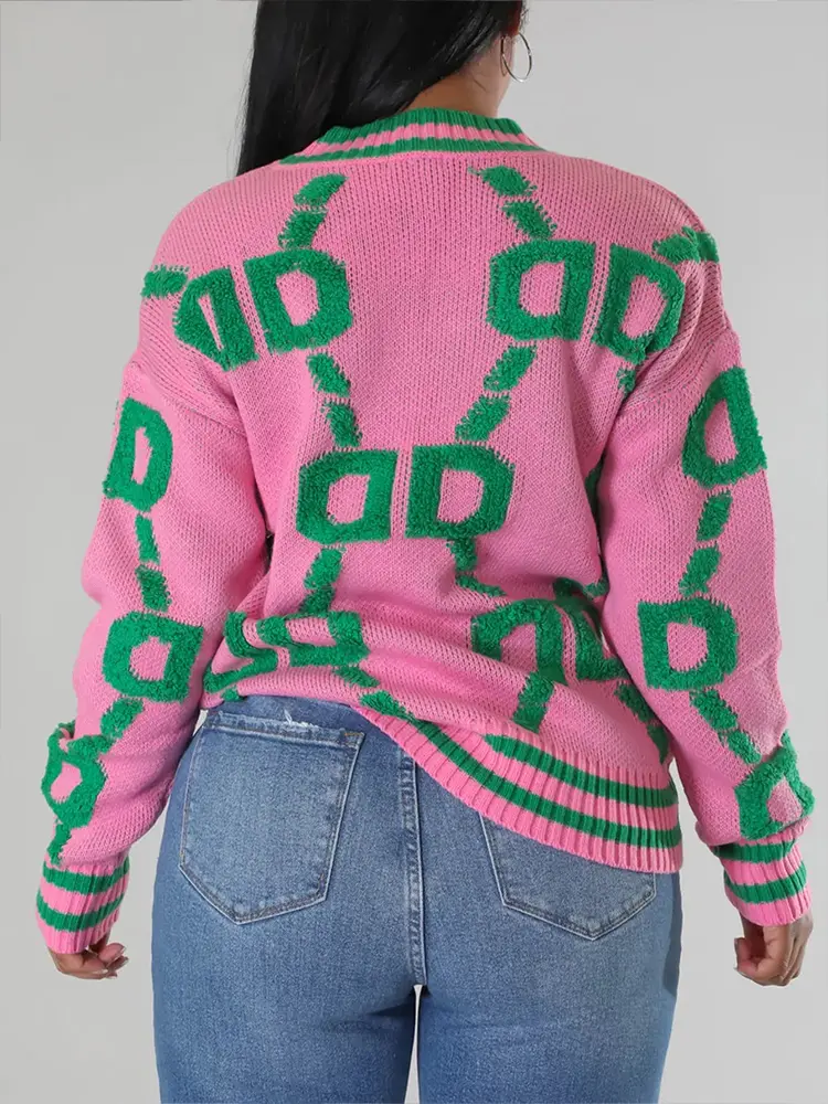 plus Size Women's Casual V-Neck Cardigan Long Sleeve Letter Print Loose Sweater Jacket Buttoned for Spring And Autumn