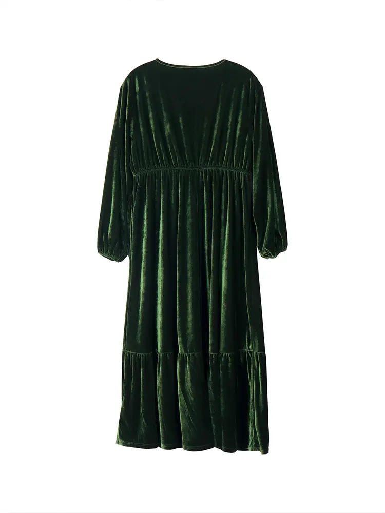 Plus Size Velvet V-Neck A-Line Dress Women's Waisted V-Neck Elegant Premium Dress Long Sleeve Solid Colour