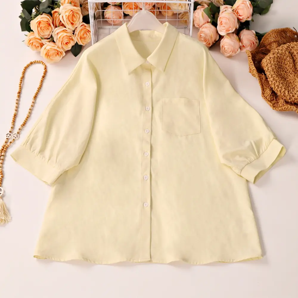 Plus Size Women's Summer Shirt Elegant Solid Colour Big Size Casual Shirt Pure Colour Single Row Button Short Sleeve