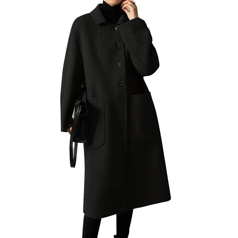 Plus Size Ladies Long Trench Coat Elegant Single Breasted Pea Coat Winter Warm Wool Blend With Pockets Oversized Pea Coat