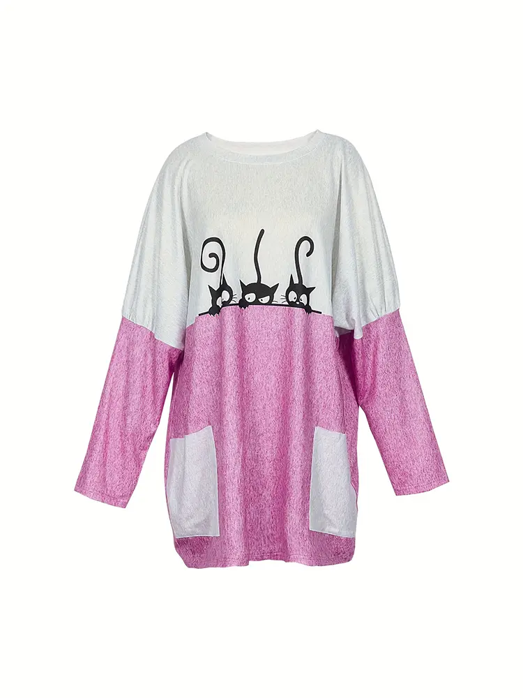 Plus Size 2025 Spring and Summer New Women's Cute Style Casual Tops Patchwork with Pockets Round Neck T-Shirt