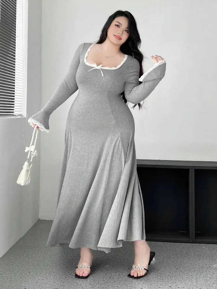 Plus Size Women's Fit Knit Dress U Neck Solid Colour Long Sleeve Casual Elegant Long Dress Polyester Material