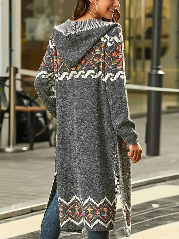 plus Size Printed Cardigan Jumper for Women Autumn Winter Hooded Long Section Warm Temperament Commuting Fashion Outerwear