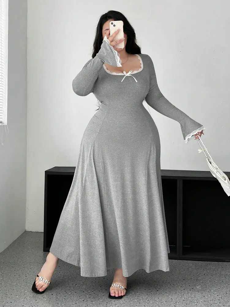 Plus Size Women's Fit Knit Dress U Neck Solid Colour Long Sleeve Casual Elegant Long Dress Polyester Material