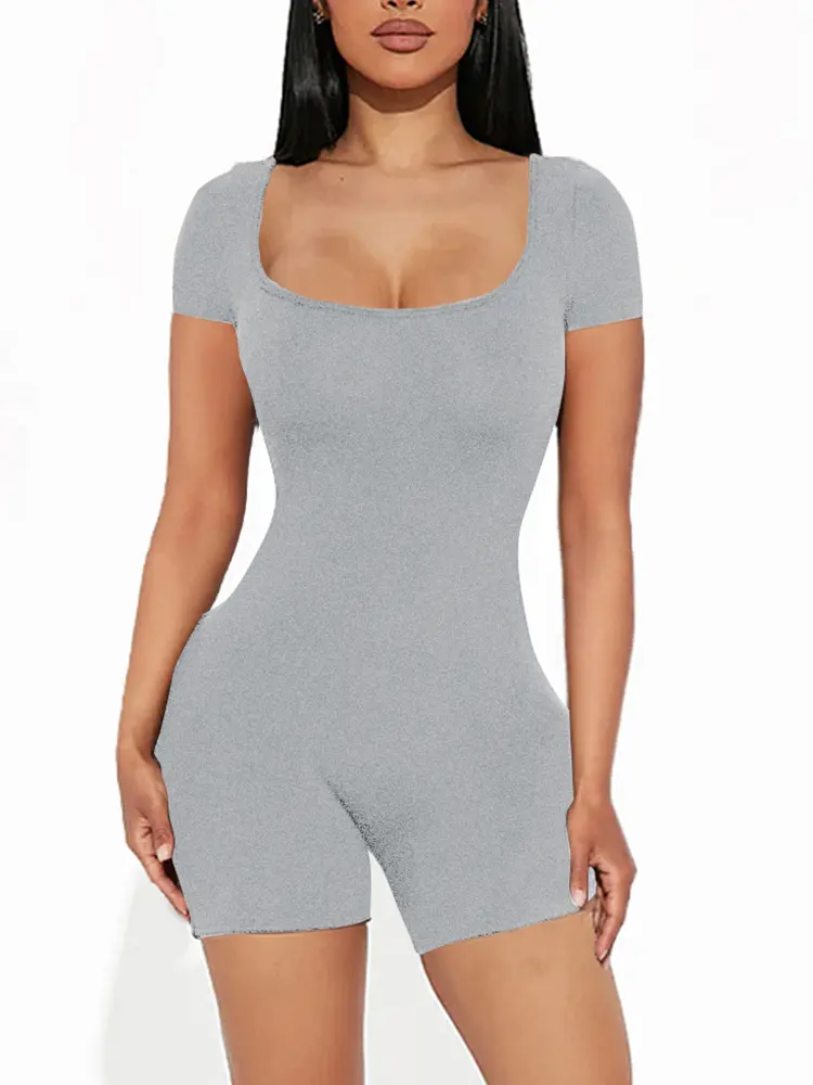 2024 Summer New Women's Sexy Solid Color Short Sleeve Round Neck High Waist Yoga Fitness One-piece Slim One-piece Shorts