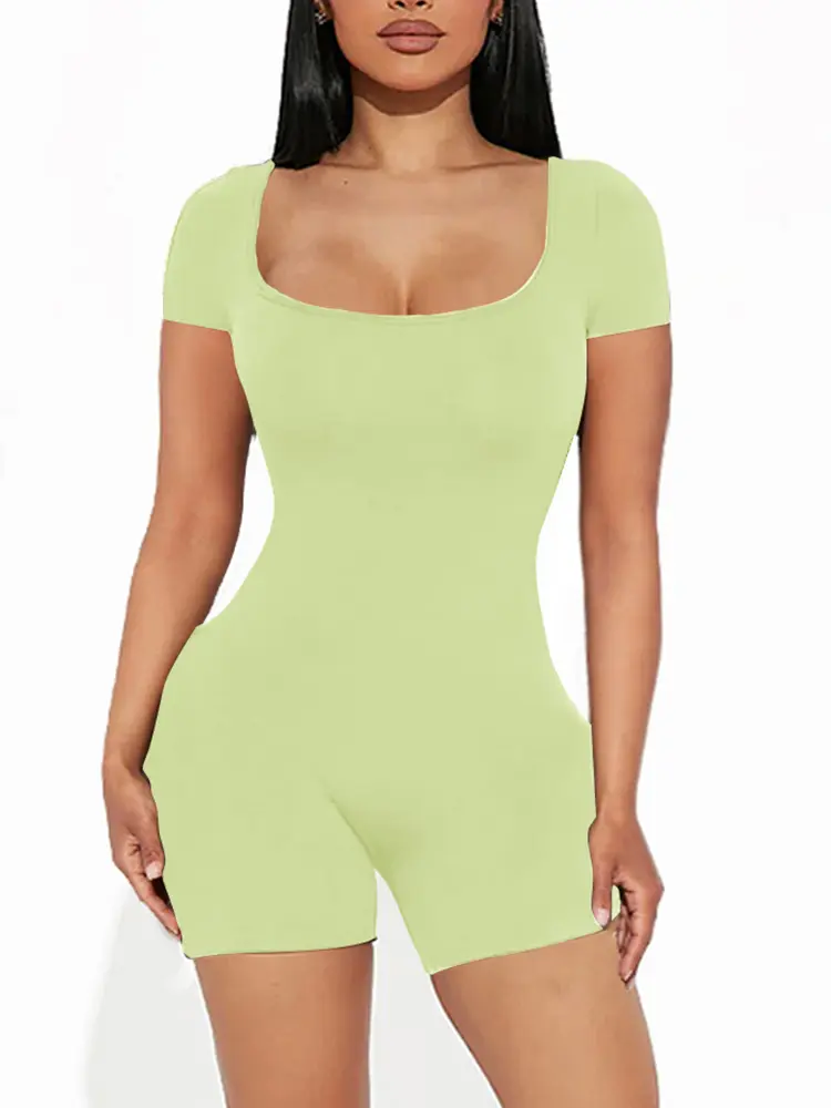 2024 Summer New Women's Sexy Solid Color Short Sleeve Round Neck High Waist Yoga Fitness One-piece Slim One-piece Shorts