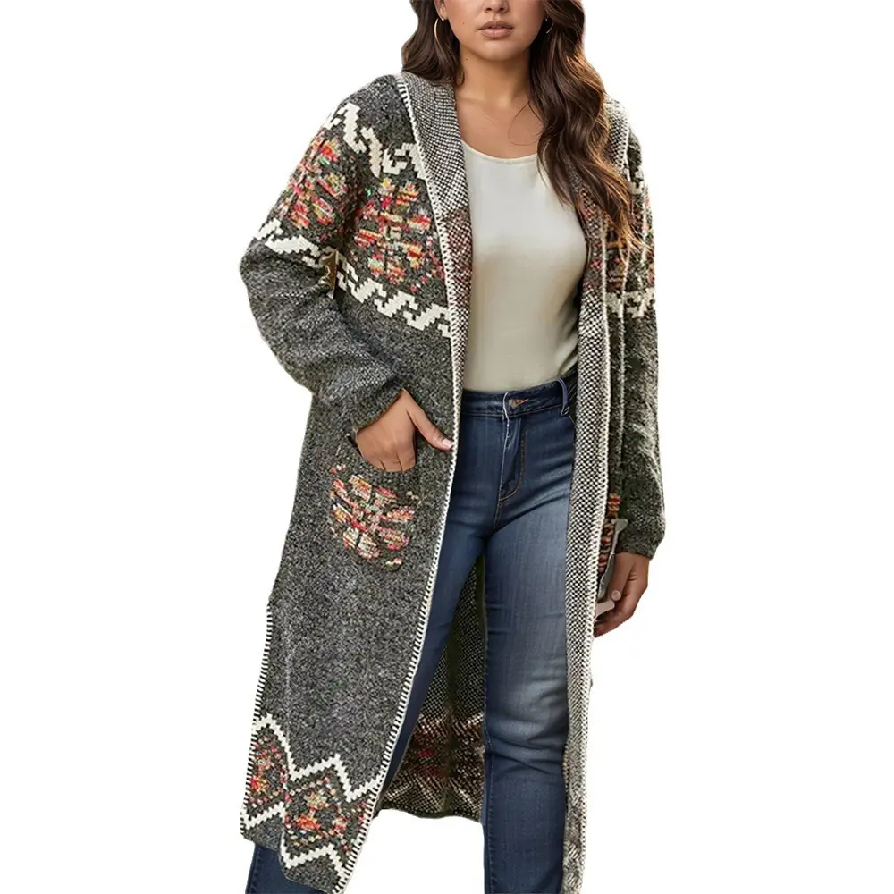 plus Size Printed Cardigan Jumper for Women Autumn Winter Hooded Long Section Warm Temperament Commuting Fashion Outerwear
