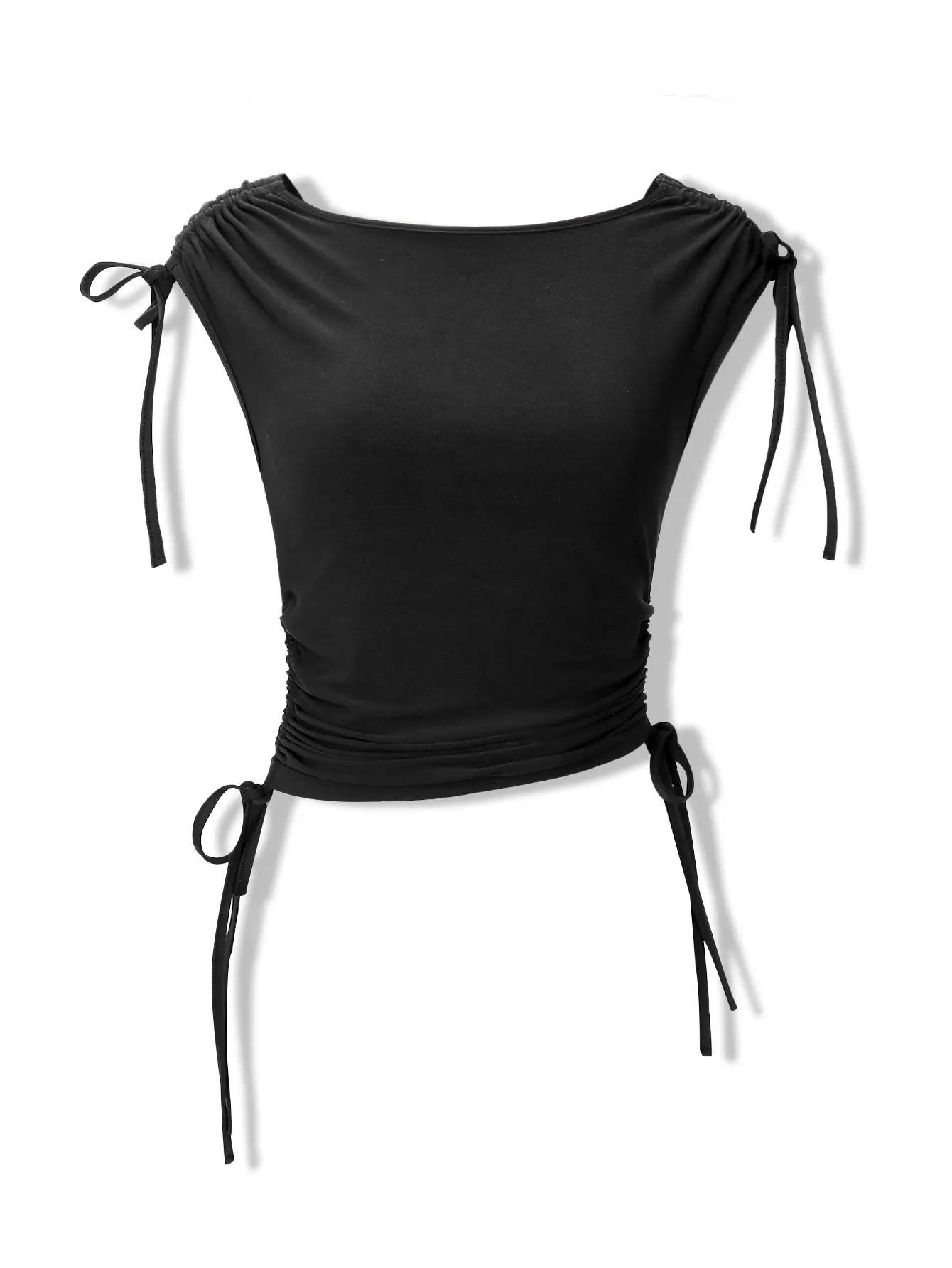 Ladies Shoulder Straps Drawstring Waist Short Sleeve T-Shirt Top Women 2025 Summer New Pure Colour Backless