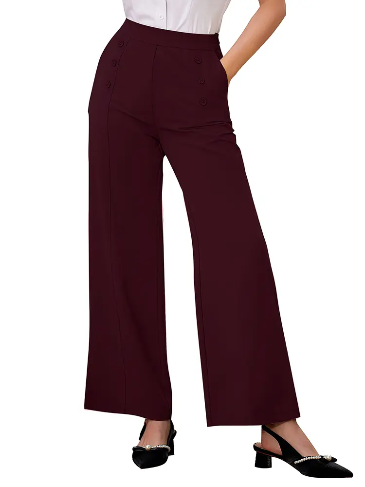 Women's Casual High Waisted Straight Leg Pants Stretch Wide Leg Long Work Trousers with Pockets