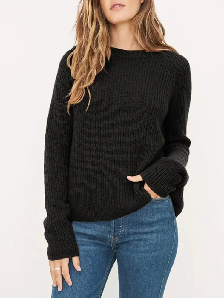 Women's round Neck Long Sleeve Pullover Sweater 2025 Autumn Winter Solid Color Simple Peplum Knit Acrylic Material