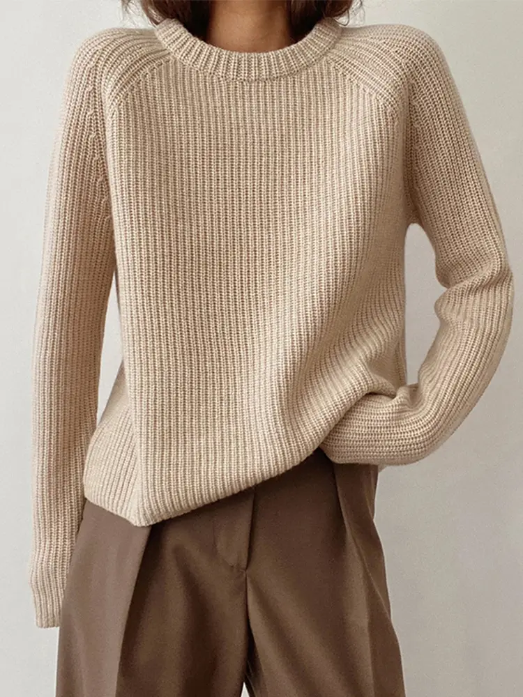 Women's round Neck Long Sleeve Pullover Sweater 2025 Autumn Winter Solid Color Simple Peplum Knit Acrylic Material
