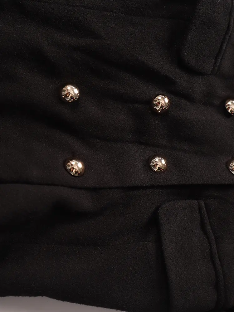 Women's V-neck Double Button Lined Coat Black with Pockets Autumn and Winter Model Autumn and Winter Best Choice