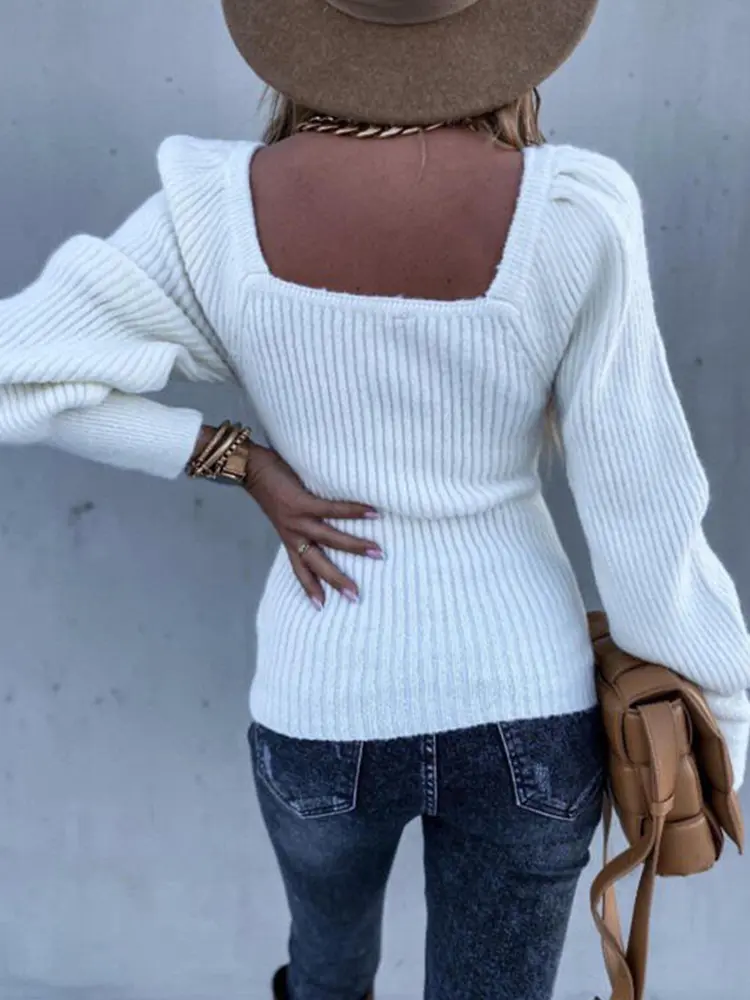 Women's Square Neck Long Lantern Sleeve Pullover Knitted Sweater Warm Outerwear Puff Jumpers Casual Knitwear