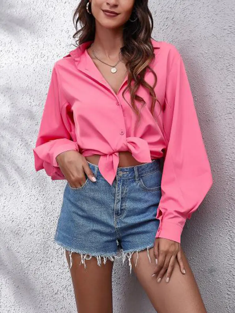 2025 Spring and Summer New Women's Long Sleeve V-Neck Solid Color Blouse Casual Collar Shirt Fashion Pop-ups
