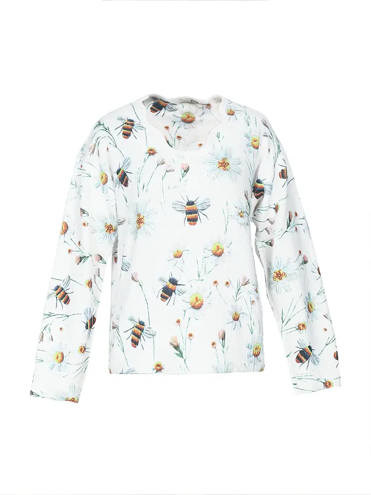 Women's Loose Fit V-Neck Long Sleeve Pullover Sweater Bee Print Autumn Winter Wear Best Choice Comfortable Knitwear