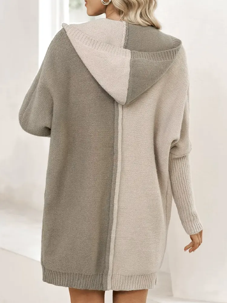 Women's Knitted Hooded Cardigan Sweater Patchwork Design Warm Autumn Winter Outerwear Fashionable Cozy Cardigan for Cooler Month
