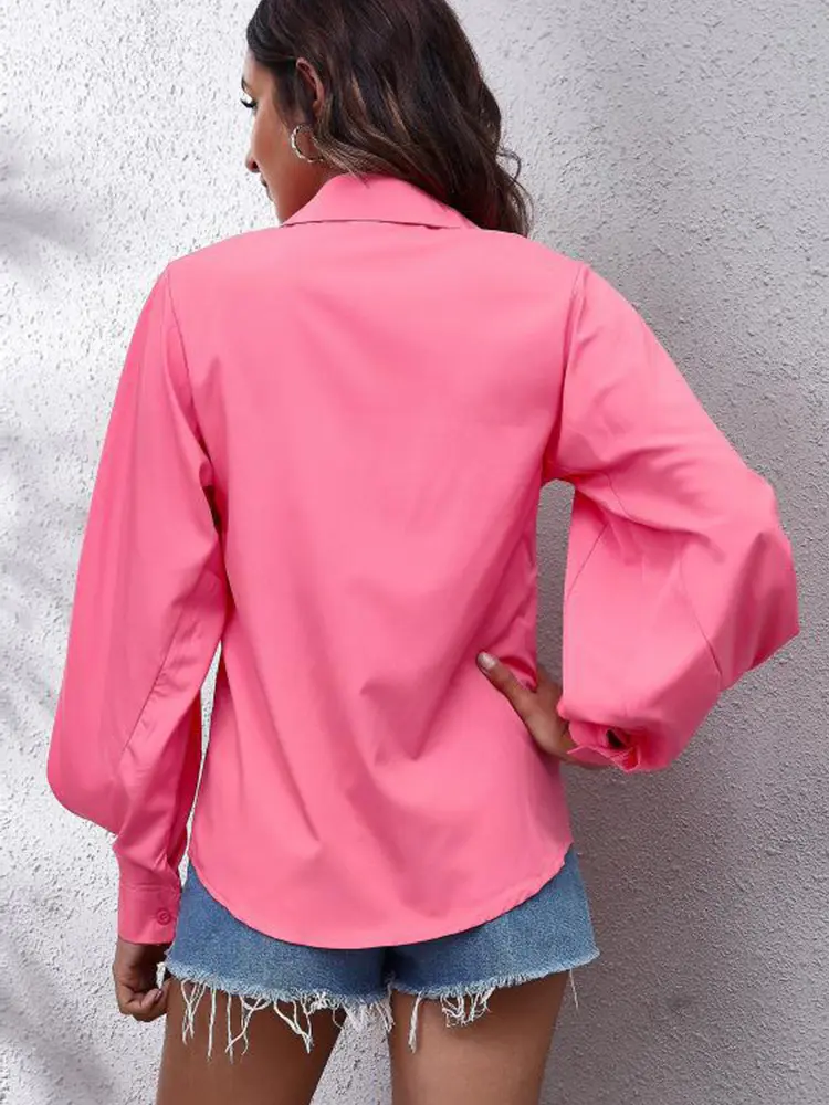 2025 Spring and Summer New Women's Long Sleeve V-Neck Solid Color Blouse Casual Collar Shirt Fashion Pop-ups