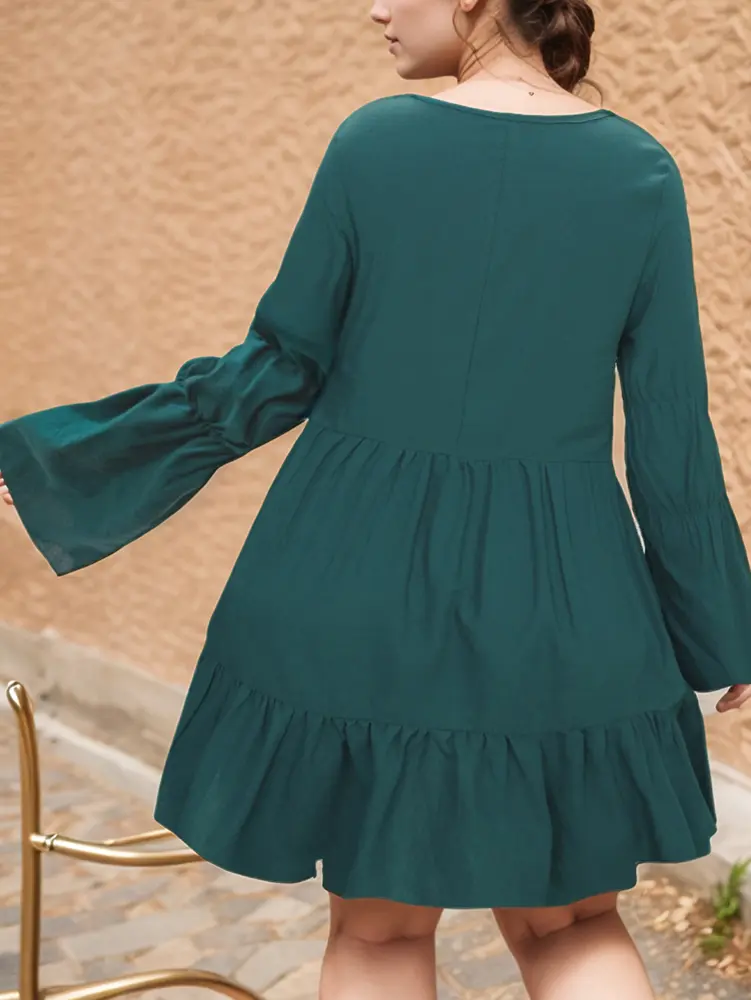 Women's Flutter Sleeve Ruffled Blouse Dress Solid Color V-Neck Loose Casual Polyester 2025 New Summer Best