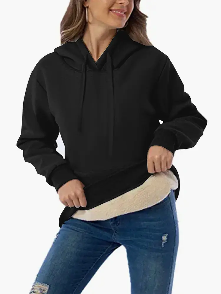 2025 Spring New Women's Solid Colour Warm Sweatshirt Hooded Lace-up Winter Sweatshirt with Pockets For Acrylic Sweaters