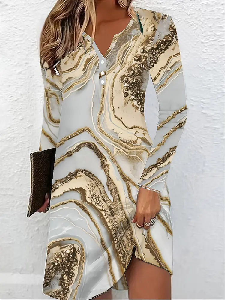 2025 Spring and Summer New Women's Asymmetric Printed V-neck Dress Button Long Sleeve Loose Casual Dress Basic Office Outdoor