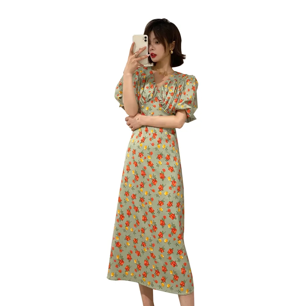 2025 New Crushed Floral Printed V-neck Chest Pleated Dress Sweetheart Fresh Long Spring/Summer New polyester material