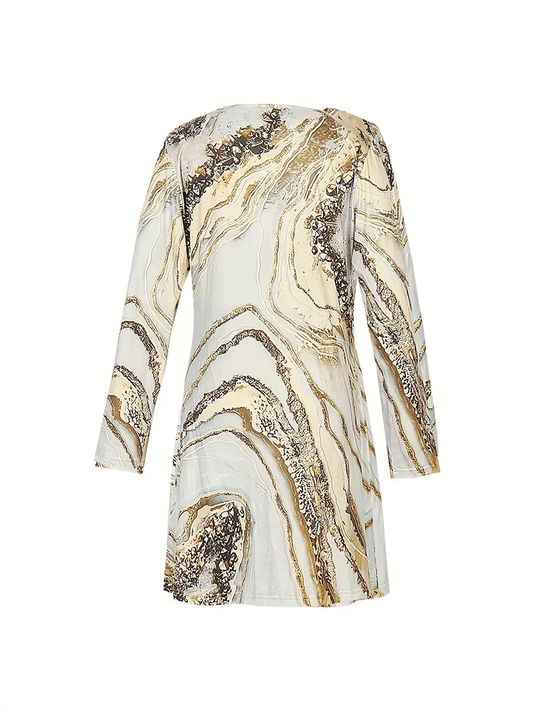 2025 Spring and Summer New Women's Asymmetric Printed V-neck Dress Button Long Sleeve Loose Casual Dress Basic Office Outdoor
