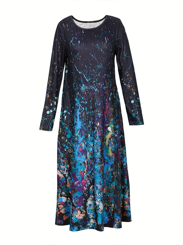 Elegant Women's Long Sleeve round Neck Dress Temperament A-Line Maxi with Irregular Pattern for Fall 2025