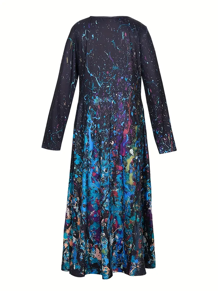 Elegant Women's Long Sleeve round Neck Dress Temperament A-Line Maxi with Irregular Pattern for Fall 2025