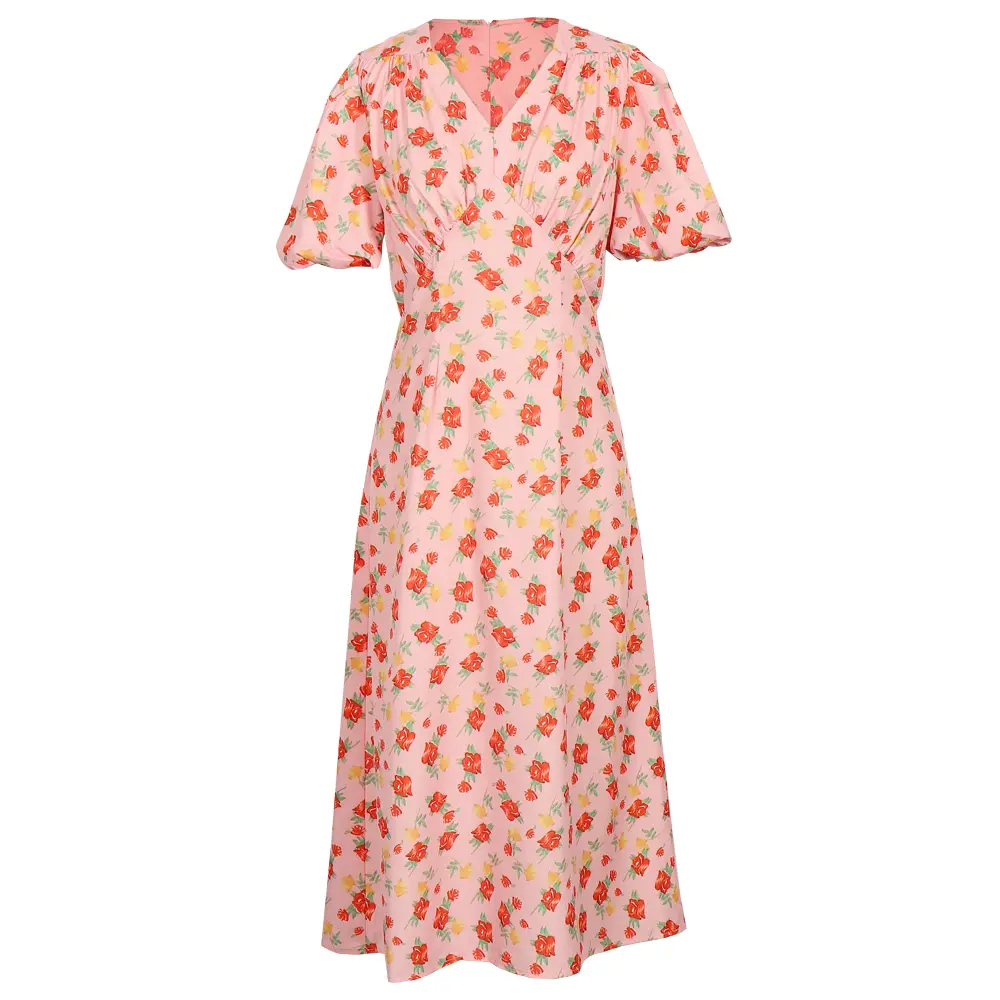 2025 New Crushed Floral Printed V-neck Chest Pleated Dress Sweetheart Fresh Long Spring/Summer New polyester material