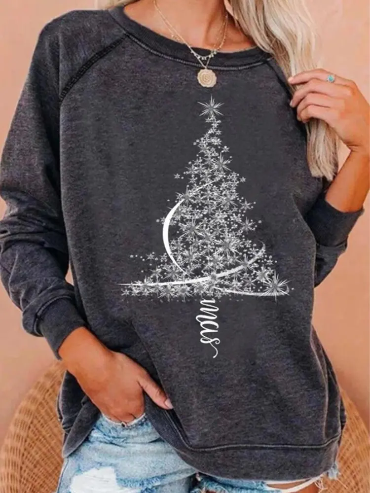 Christmas Clothing Holiday Element Tops Women's Round Neck Pullover Long Sleeve Tops Cheerful Mood Tops Christmas Tree