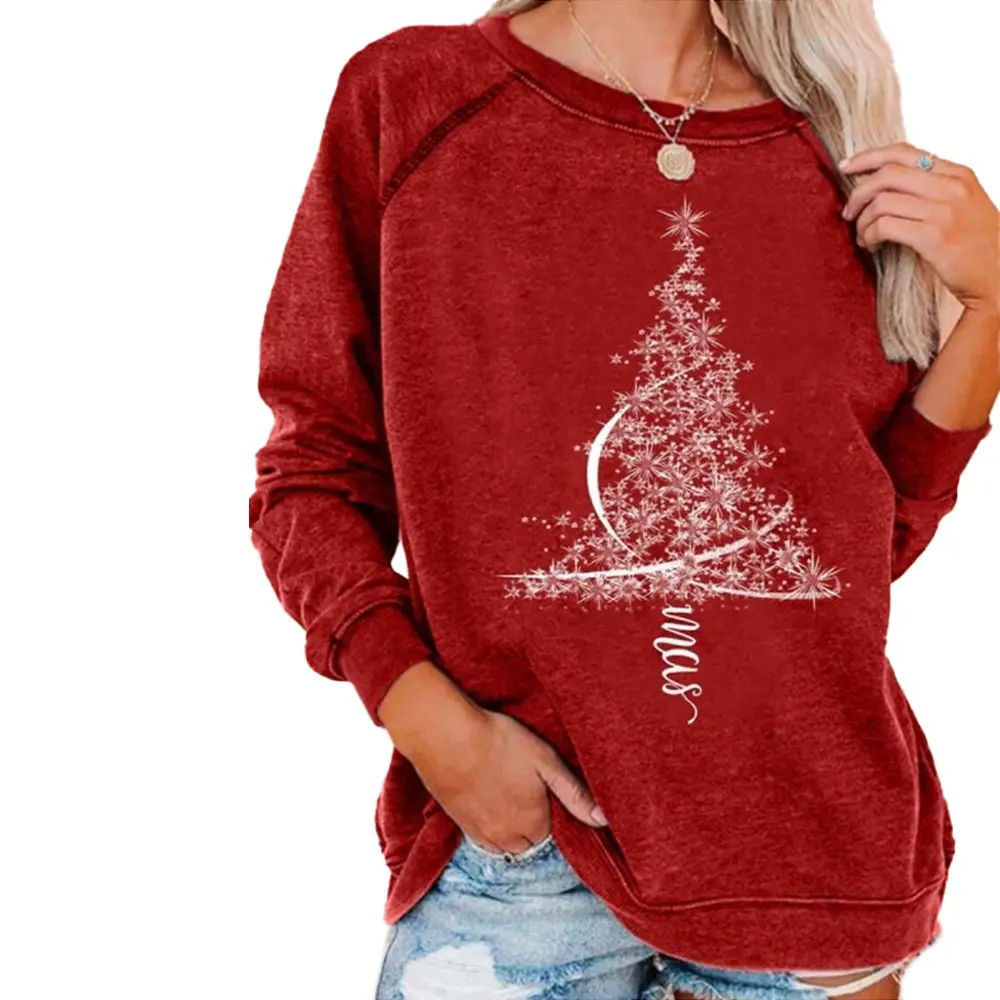Christmas Clothing Holiday Element Tops Women's Round Neck Pullover Long Sleeve Tops Cheerful Mood Tops Christmas Tree