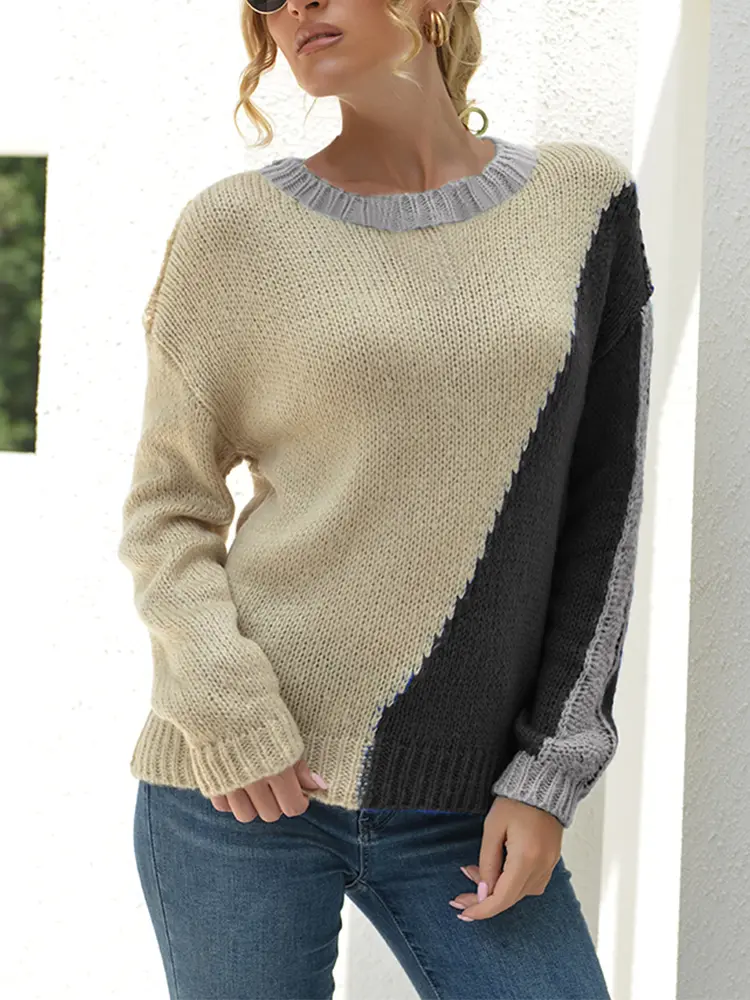 Women's Retro Striped Pullover Sweater round Neck Long Sleeve Knitted Loose Fit Casual Fashionable Top