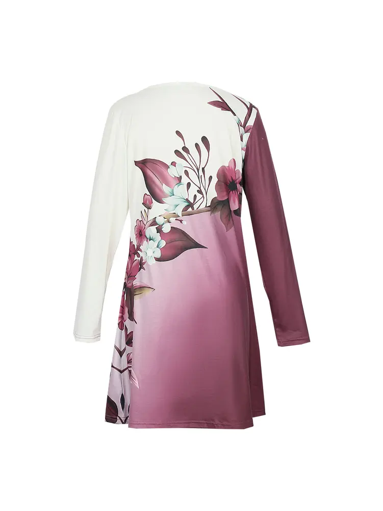 Floral Print Round Neck Dress,Elegant Long Sleeve A-Line Knee Length Dress for Spring and Fall,Women's Polyester Material