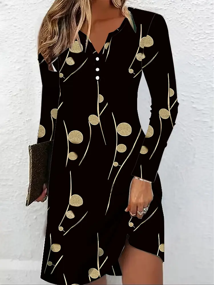 2025 Summer New Women's Casual Button Front Long Sleeve Dress V Collar Long Sleeve Elegant Casual Irregular Dots